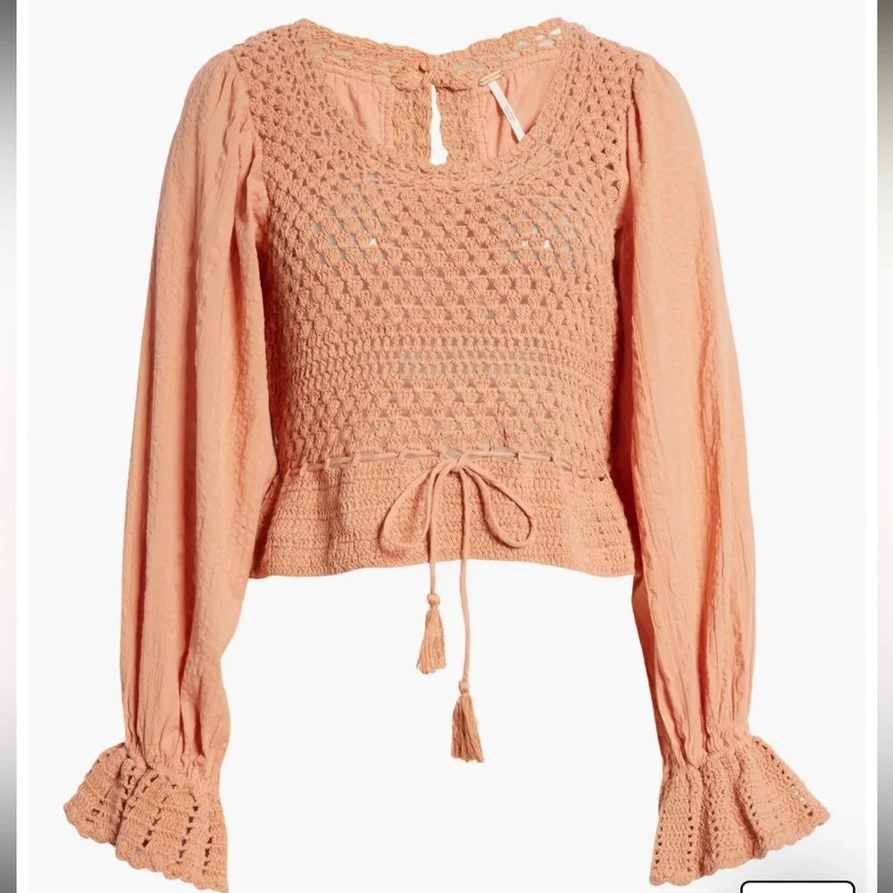 Free People Women's Megan Crochet Knit Peplum Puff Sleeve Top | NEW!!!⭐️⭐️‎